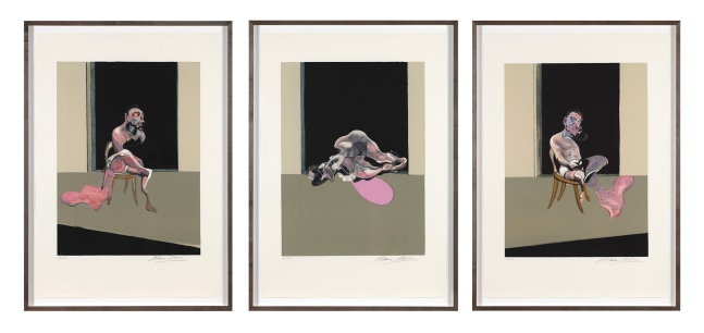 A Francis Bacon triptych depicting abstracted figures and shapes using earth tones, pink, and black on off white paper