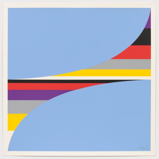 A colorful, geometric Herbert Bayer screenprint featuring two blue curved shapes in opposite corners overtop of purple, grey, red, yellow, black and white horizontal lines