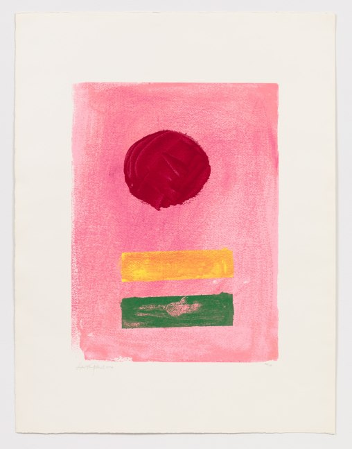 A pink Adolph Gottlieb screenprint featuring a red circle at the top of the paper, and one yellow horizontal rectangle above one green horizontal rectangle at the bottom of the paper
