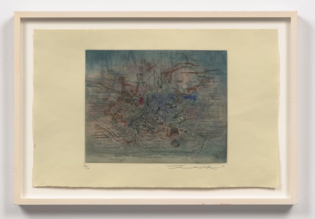 A dark blue and lavender Zao Wou-Ki etching with aquatint featuring many abstract forms, shapes, and lines