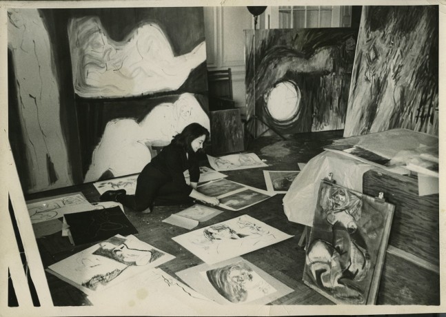 Fay in her studio at 60 Riverside Drive, 1958. Photo by Duane Michaels