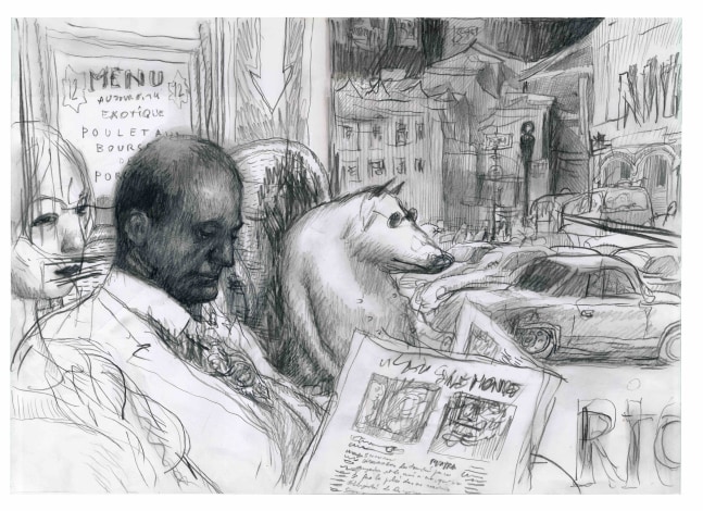 Caf&amp;eacute; de Paris, 2001

Charcoal and crayon on paper

Framed: 15 1/2 x 20 3/4 inches