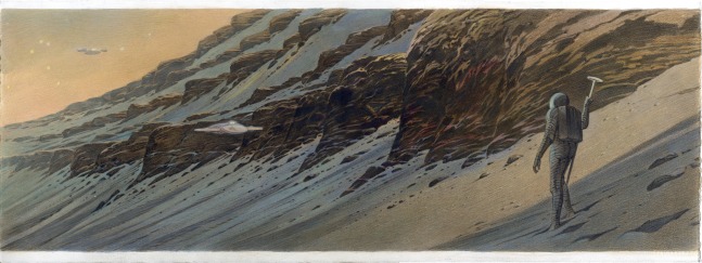 Fran&amp;ccedil;ois Schuiten

Day 155 - Korolev Cliffs, 2021

Acrylic and crayon on Arches Aquarelle paper

Framed: 14 3/8 x 34 inches (36.51 x 86.36 cm)

Reserved
