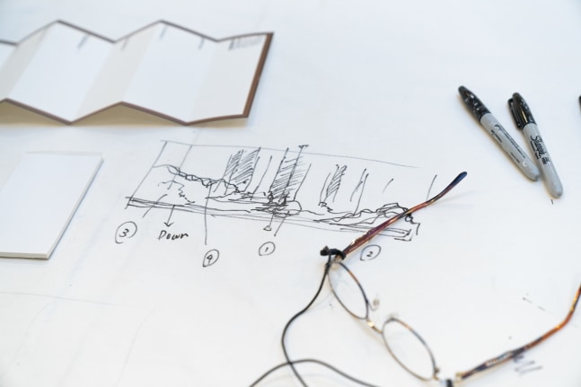 This project will be installed as a byobu (folding screen), &amp;nbsp; I am making a simple sketch and fold it, so that the protruding parts will have a foreground view and the recessed parts will have a background view. If I don&amp;#39;t do that, there&amp;#39;s no point in making a byobu.