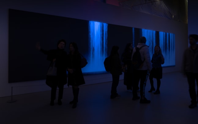 Five large works painted with flourecent pigments are displayed in the darkened exhibition space.