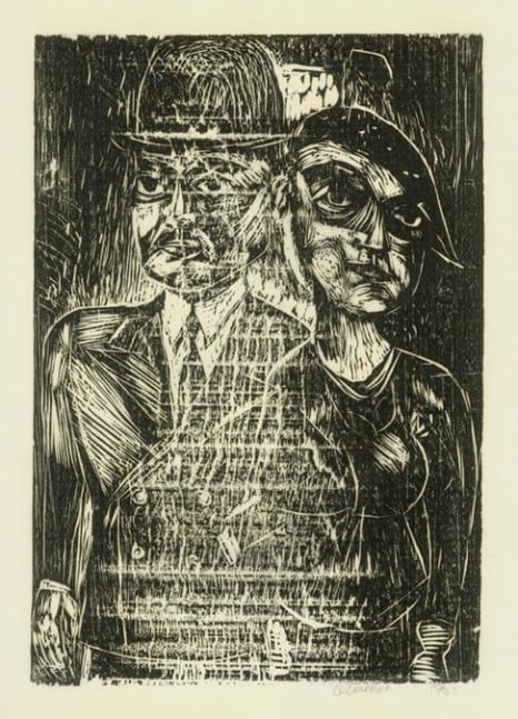 Man in Bowler Hat, Woman in Beret
RBWWdC 2109
Hand Printed Woodcut&amp;nbsp;
Oil Based Printer&amp;#39;s Ink
on Handmade Japanese Paper
One of Twenty-One Extant Impressions
H: 13 9/16 x W: 9 inches