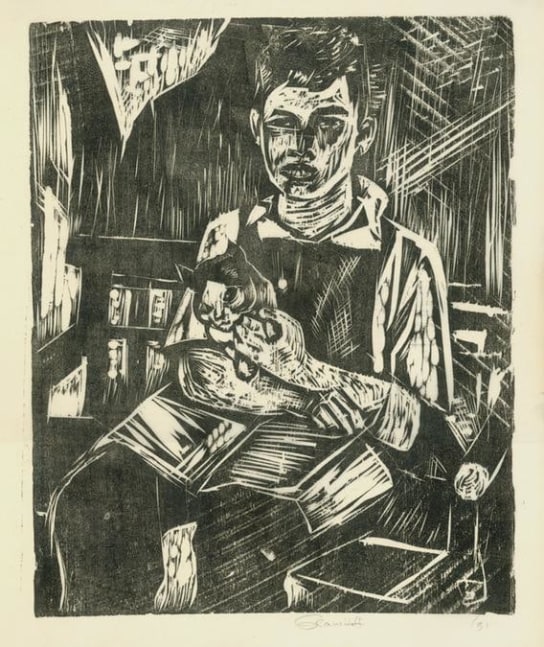 Seated Boy with Cat and Book
RBWWdC 4008
Hand Printed Woodcut&amp;nbsp;
Oil Based Printer&amp;#39;s Ink
on Handmade Japanese Paper
One of Fourteen Extant Impressions
H: 15 13/16 x W: 13 1/2 inches
