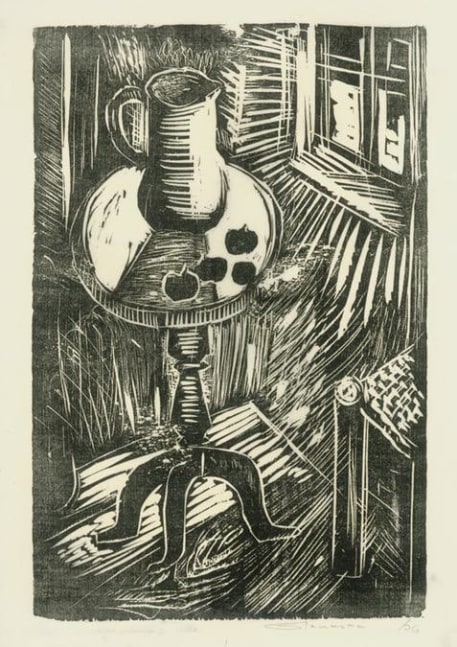 Still Life with Four Apples
RBWWdC 2802
Hand Printed Woodcut&amp;nbsp;
Oil Based Printer&amp;#39;s Ink
on Handmade Japanese Paper
One of Four Extant Impressions
H: 13 5/8 x W: 9 3/4 inches