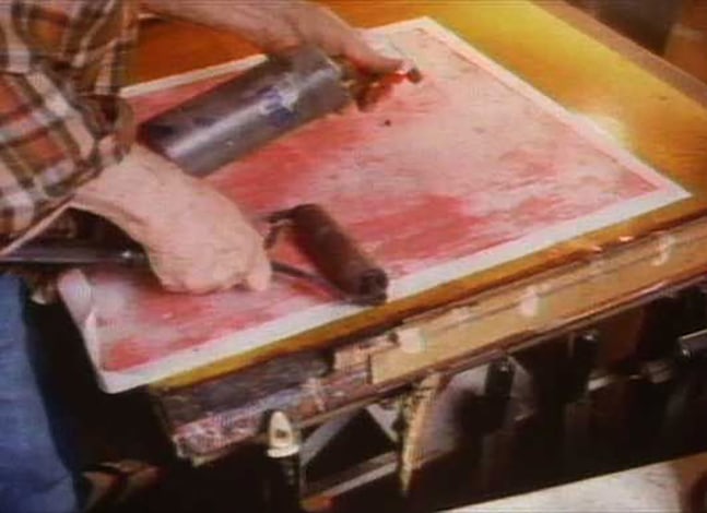 5.&amp;nbsp;Glankoff then saturates the paper panel with a water mist to facilitate each impression. With a hand roller or brayer, the artist transfers the ground color and later, each detail of the image. With each layer of color, and through this method, Glankoff is able to control the color&amp;rsquo;s absorption. But more importantly, as he begins to transfer the elements of the design, he is able to capture, in reverse, the spontaneity and gestural qualities of his brushstroke.&amp;nbsp;Through this multi-colored, multi-layered transfer process, with often six or more impressions of color per paper panel, Glankoff achieved his luminous atmospheric and textured surfaces.