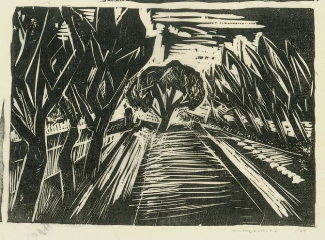 Woodstock Road
RBWWdC 3109
Hand Printed Woodcut&amp;nbsp;
Oil Based Printer&amp;#39;s Ink
on Handmade Japanese Paper
One of Fourteen Extant Impressions
H: 10 1/4&amp;nbsp; x W: 13 1/2 inches