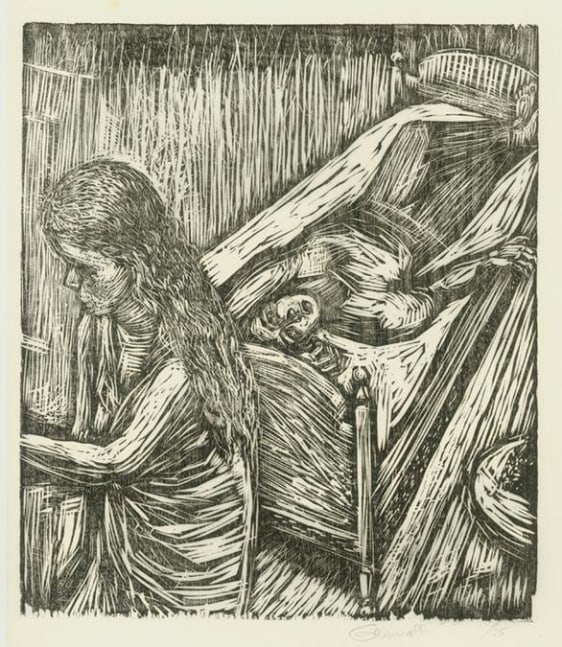 Bedroom Scene
RBWWdC 1904
Hand Printed Woodcut&amp;nbsp;
Oil Based Printer&amp;#39;s Ink
on Handmade Japanese Paper
One of Five Extant Impressions
H: 11 3/4 x W: 9 5/8 inches