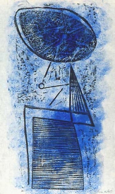 Inv# AWdC-M 0504-5 Untitled, c.1940-60s
Water Soluble Printer&amp;#39;s Ink- Blue &amp;amp; Oil -Based Printing&amp;nbsp;
Ink - Black and Silver on Handmade Japanese Laid Paper
12 5/8 x 7 7/16 inches&amp;nbsp;
32.08 x 18.9 cm