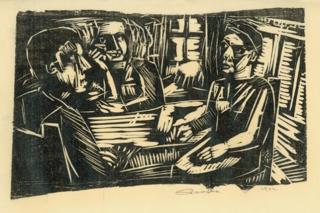 The Conversation
RBWWdC 3408
Hand Printed Woodcut&amp;nbsp;
Oil Based Printer&amp;#39;s Ink
on Handmade Japanese Paper
One of Nine Extant Impressions
H: 9 7/8 x W: 14 1/8 inches