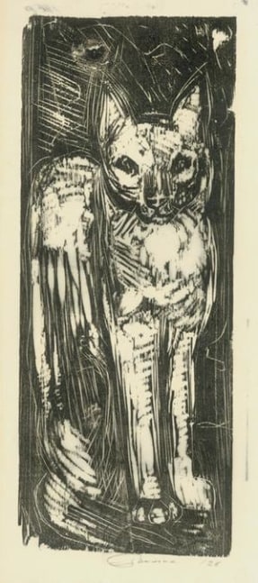 Standing Cat
RBWWdC 2607
Hand Printed Woodcut&amp;nbsp;
Oil Based Printer&amp;#39;s Ink
on Handmade Japanese Paper
One of Ten Extant Impressions
H: 14 x W: 6 1/2 inches