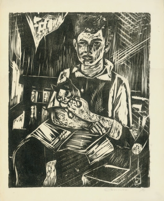 Untitled, RBWWdC 4004, c. 1931, "Seated Boy with Cat and Book"
Oil Based Printers Ink/ Woodcut on Japanese Paper
H: 16 5/8 x W: 13 3/8 inches