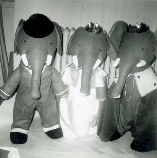 Babar the Elephants
Based on Jean de Brunhoff&amp;#39;s Books
Three Babars, c.1950s -1960s
Inv# IMIT #01 003

Some of the Babar Books:
The Story of Babar: The Little Elephant
B is for Babar
Babar the King
Babar and His Family
The Travels of Babar