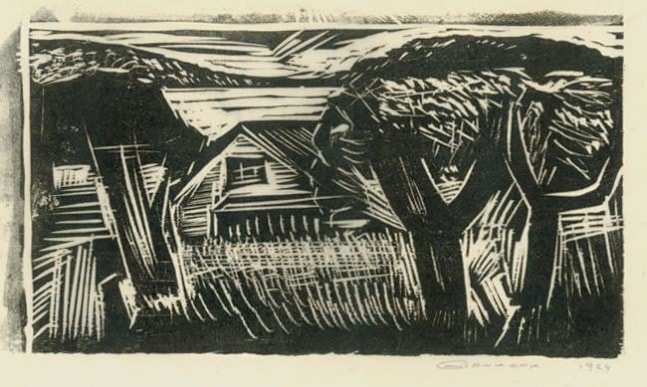 Woodstock House and Mountains
RBWWdC 3005
Hand Printed Woodcut&amp;nbsp;
Oil Based Printer&amp;#39;s Ink
on Handmade Japanese Paper
One of Fourteen Extant Impressions
H: 7 x W: 11 7/8 inches