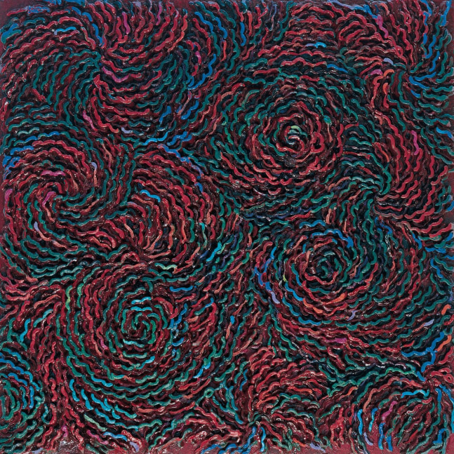 June Wayne Hommage à la Demeure, 1993     acrylic and styrene on mahogany panel 30 x 30 x 2 inches;  76.2 x 76.2 x 5.1 centimeters LSFA# 12534