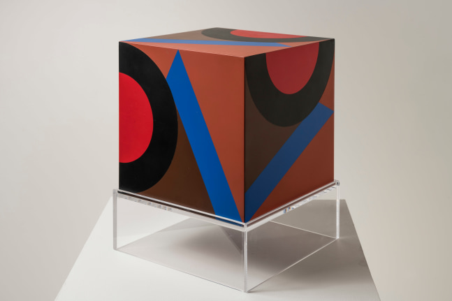 Karl Benjamin (1925-2012) untitled cube (brown background VC), 1984     oil on wood 10 x 10 x 10 inches;  25.4 x 25.4 x 25.4 centimeters LSFA# 13126