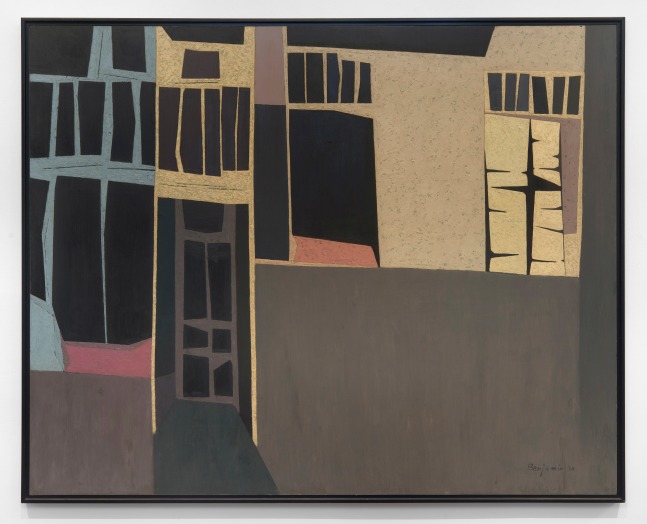 Karl Benjamin&amp;nbsp;(1925-2012)&amp;nbsp;
Cube Buildings, 1954
oil on canvas
48 x 60 inches; 121.9 x 152.4 centimeters
LSFA# 11985