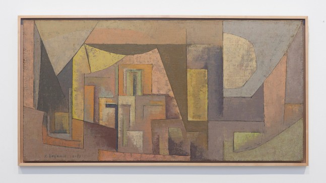 Karl Benjamin (1925-2012)
Brown, Pink and Yellow, 1953&amp;nbsp;
oil on canvas
18 x 36 inches;&amp;nbsp;&amp;nbsp;45.7 x 91.4 centimeters
LSFA# 10792&amp;nbsp;