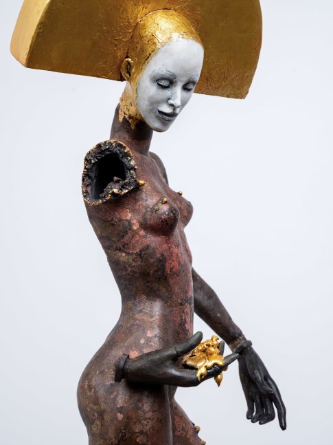 Cecilia Z. Miguez (b. 1955)
The Smile Is the Last Thing To Go, 2025
bronze, concrete, resin, gold leaf, glass microbeads, and oil paint
38 1/2 x 10 x 10 inches;  97.8 x 25.4 x 25.4 centimeters
LSFA# 16435