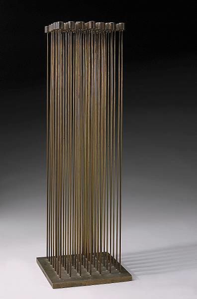 Harry Bertoia (1915-1978)
49 Rods of Sound (Sonambient 1915-1978), 1970&amp;nbsp;&amp;nbsp;&amp;nbsp;&amp;nbsp;
beryllium copper rods silvered to a brass plate and tops
25 x 7 3/4 x 7 3/4 inches;&amp;nbsp;&amp;nbsp;63.5 x 19.7 x 19.7 centimeters
LSFA# 10383&amp;nbsp;