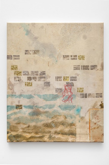 Victoria May (b. 1967) Navigation of sorts, 2018 found canvas with screen printing, found fabrics, organza and ink 30 x 24 inches; 76.2 x 61 centimeters ​LSFA# 14173