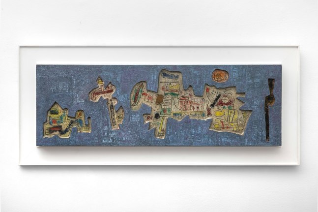 Ynez Johnston (1920-2019) Subterranean, 1969     oil and plastic steel on carved wood 12 x 36 inches;  30.5 x 91.4 centimeters LSFA# 14308