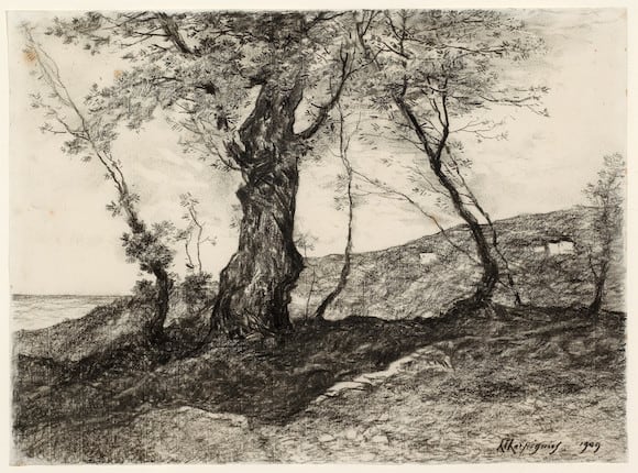 Henri Joseph Harpignies (French, 1819-1916)

A landscape with trees in the foreground, 1909

black chalk on laid paper

15 1/2 x 20 3/4in (39.3 x 52.7cm)