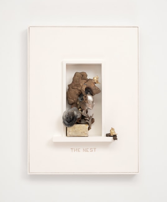 Cecilia Z. Miguez (b. 1955)
The Silver Nest, 2025
bronze, silver, glass, white gold leaf, gold leaf, glass microbeads, wood, canvas, and oil paint
24 5/8 x 18 1/2 x 3 3/4 inches;  62.5 x 47 x 9.5 centimeters
LSFA# 16443