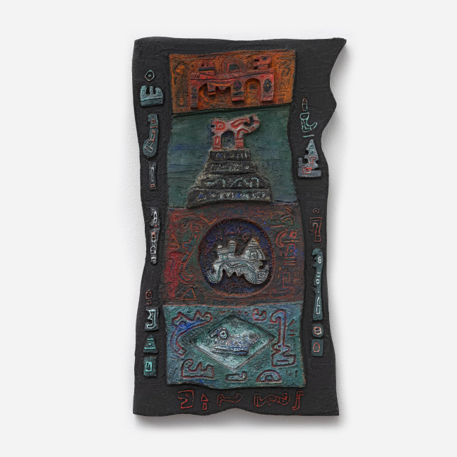 Ynez Johnston (1920-2019)
Untitled, c. 1969
acrylic and sand on carved wood
23 x 13 1/2 x 2 1/8 inches;  58.4 x 34.3 x 5.4 centimeters
LSFA# 16158