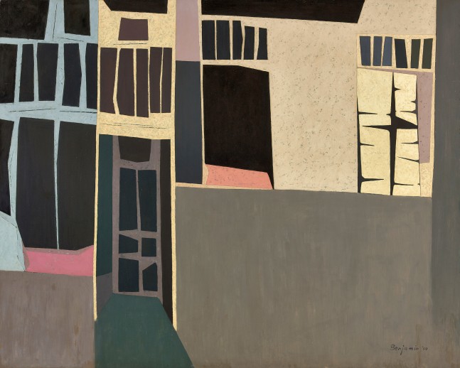 Karl Benjamin&amp;nbsp;(1925-2012)&amp;nbsp;
Cube Buildings, 1954
oil on canvas
48 x 60 inches; 121.9 x 152.4 centimeters
LSFA# 11985