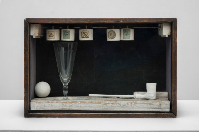 Joseph Cornell (1903-1972) Soap Bubble Set, 1950 . mixed media construction in wood box 9 1/2 x 14 1/4 x 3 3/4 inches; 24.1 x 36.2 x 9.5 centimeters LSFA# 15283