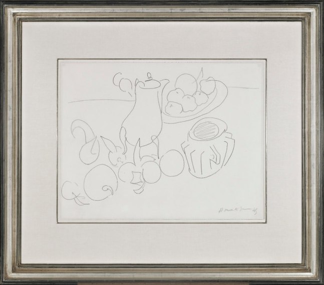 Henri Matisse

Nature Morte, chocolati&amp;egrave;re et fruits, 1945

graphite on Arches paper

16 x 20 &amp;frac34; inches; 40.6 x 52.7 cm