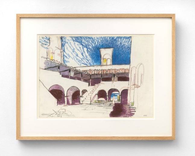 Richard Neutra (1892-1970) Panagia Panton Chara Orthodox Monastery, Kalentzi, Greece, 1961     charcoal and pastel on paper 11 3/4 x 16 3/8 inches;  29.8 x 41.6 centimeters LSFA# 15408