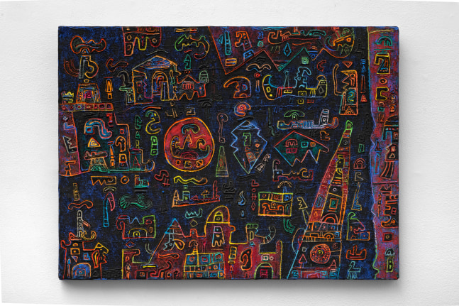 Ynez Johnston (1920-2019) City Emblems, 1994     acrylic on canvas 18 x 24 inches;  45.7 x 61 centimeters LSFA# 14332
