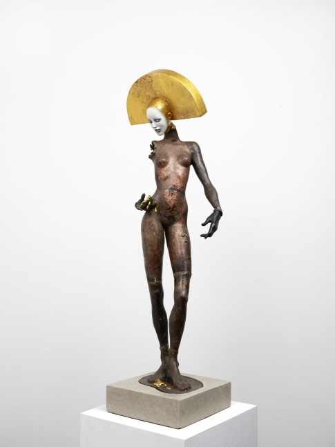 Cecilia Z. Miguez (b. 1955) The Smile Is the Last Thing To Go, 2025 bronze, concrete, wood, resin, gold leaf, glass microbeads, and oil paint 38 1/2 x 10 x 10 inches; 97.8 x 25.4 x 25.4 centimeters LSFA# 16435