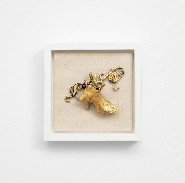 Cecilia Z. Miguez (b. 1955) The Magic Shoe, 2025 bronze, gold leaf, wood and canvas 7 5/8 x 7 1/2 x 1 1/2 inches; 19.4 x 19.1 x 3.8 centimeters LSFA# 16466