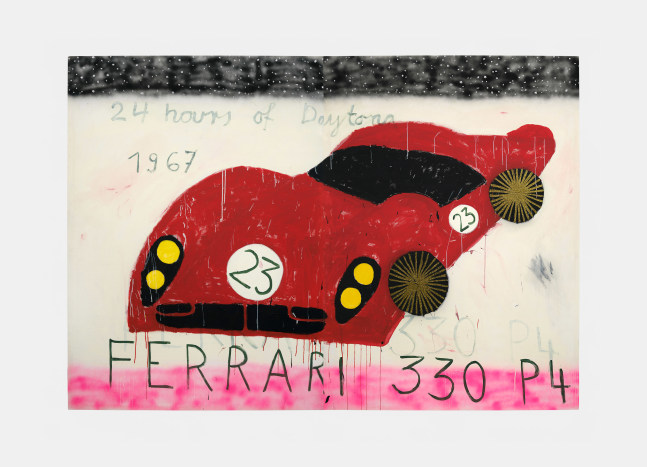 Gabrielle Graessle
24 hours of daytona ferrari, 2024
Acrylic glitter and spray on canvas
50.50h x 140.50w x 1.25d in
128.27h x 356.87w x 3.18d cm