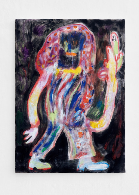 Cameron Platter
Sausage Man, 2018
Oil and reactive dye on canvas
27.50h x 20w in
69.85h x 50.80w x 2.50d cm