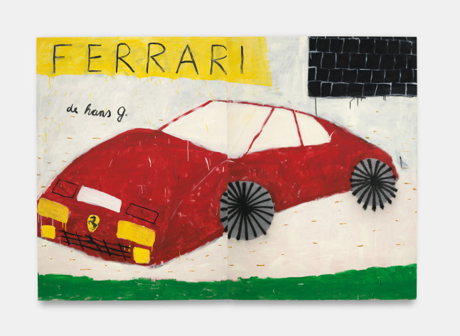 Gabrielle Graessle
Ferrari de hans g., 2022
Acrylic, spray and glitter on canvas
50.50h x 140.50w x 1.25d in
128.27h x 356.87w x 3.18d cm