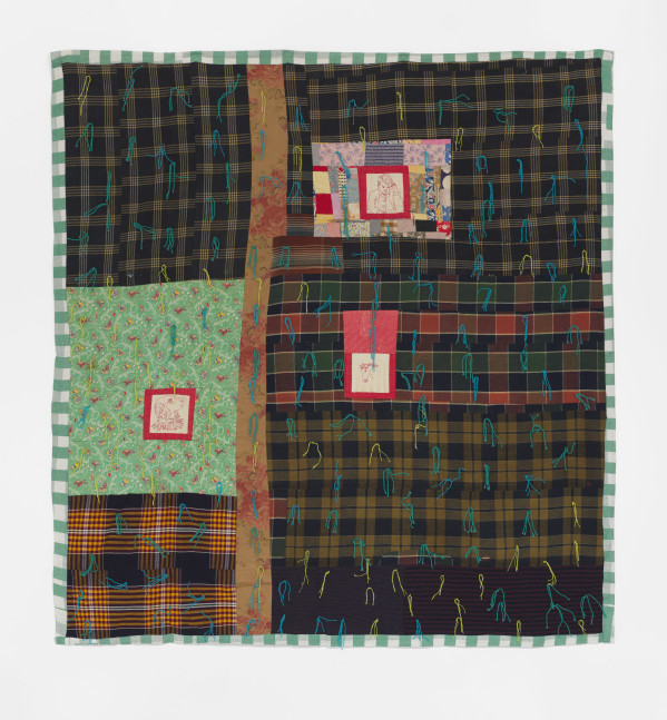 Penny Cortright
Untitled, 2022
Antique japanese futon plaid cotton, quilted and embroidered pieces 1930&amp;rsquo;s americana.palm tree image, cotton linen
97h x 95w in
246.38h x 241.30w cm