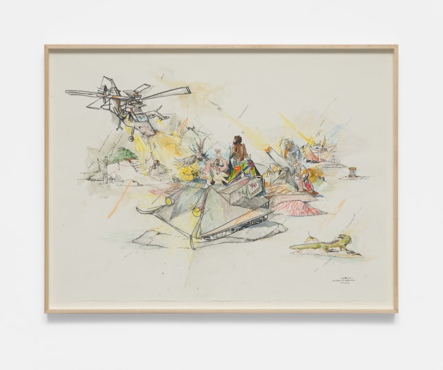 Joseph Olisaemeka Wilson
They did a low pass, 2021
Pen, watercolor, colored pencil, graphite on paper
22h x 33w in
55.88h x 83.82w cm
