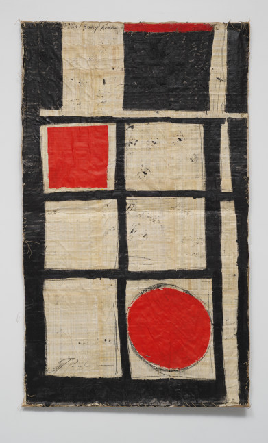 Irvin Pascal
Body Armour, 2018
Oil, oil stick, Chinese ink, charcoal, acrylic, Paper cut-outs, canvas cut outs, Papyrus, tapestry thread, twine on hessian with wooden supports
82h x 47w in
208.28h x 119.38w cm