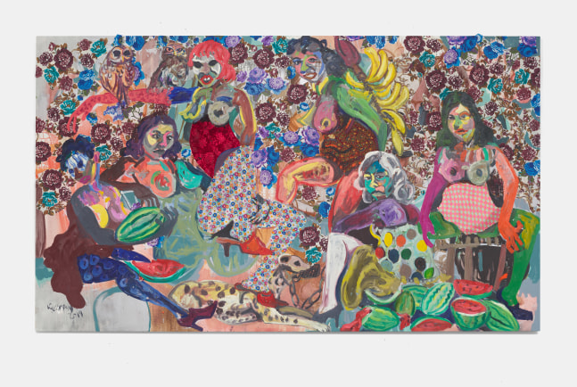 Wycliffe Mundopa
Window Dressing, 2019
Oil and fabric collage on canvas
80h x 137w x 1.25d in
203.20h x 347.98w x 3.18d cm
