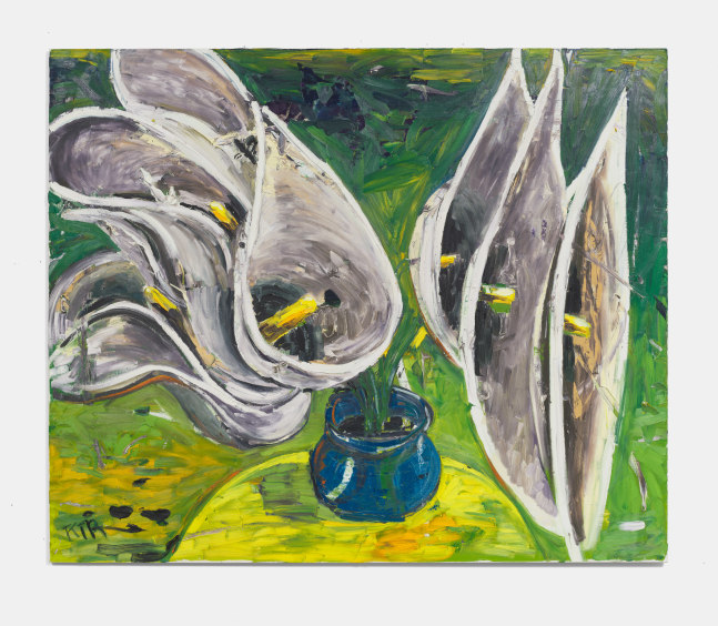 Ken Taylor Reynaga
Calla Lilies (blue vase, yellow table), 2022
Oil on linen
79h x 95w in
200.66h x 241.30w cm
