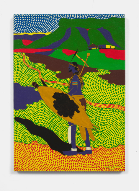 Sibusiso Duma
Nqiyazihenga Ngesiko Kami Mzulu, 2021
Acrylic on Canvas
23.43h x 16.54w x 1d in
59.50h x 42w x 2.54d cm