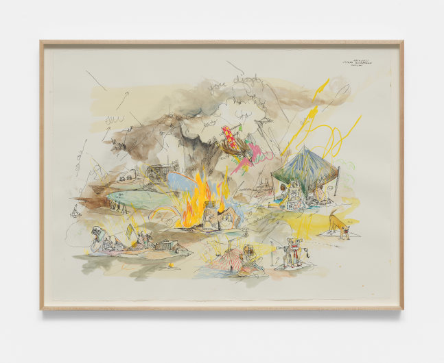 Joseph Olisaemeka Wilson
Fires in our camp, 2021
Pen, watercolor, colored pencil, graphite on paper
22h x 30w in
55.88h x 76.20w cm
