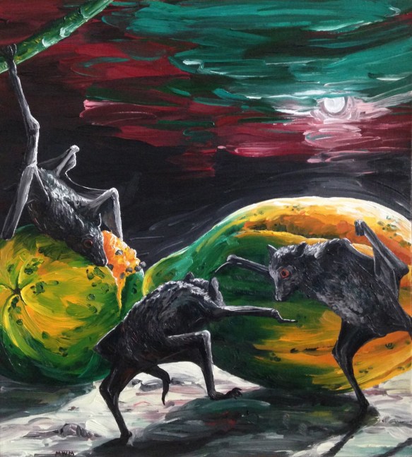 Melissa Miller Fruit Bats, 1986 oil on linen 18" x 20" MC 894 Moody Gallery